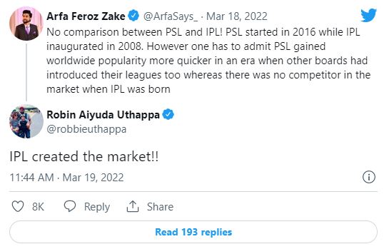 ஐபிஎல், பிஎஸ்எல் குறித்து ட்வீட் செய்த பாகிஸ்தான் பத்திரிகையாளருக்கு சிஎஸ்கே பேட்ஸ்மேன் ராபின் உத்தப்பாவின் பதிலடி